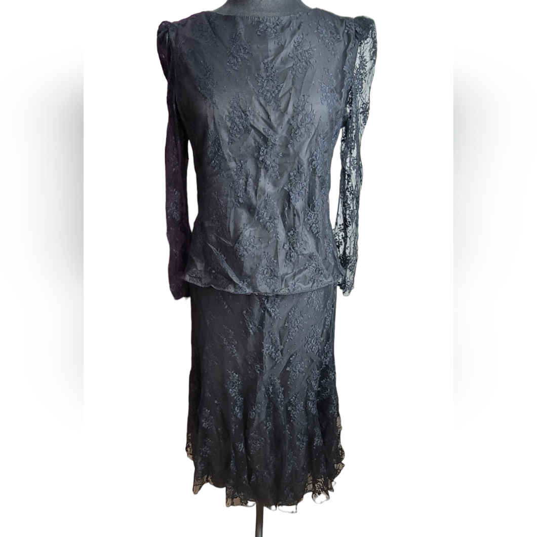 Vintage Patra Black Lace Overlay Skirt/Shirt Set